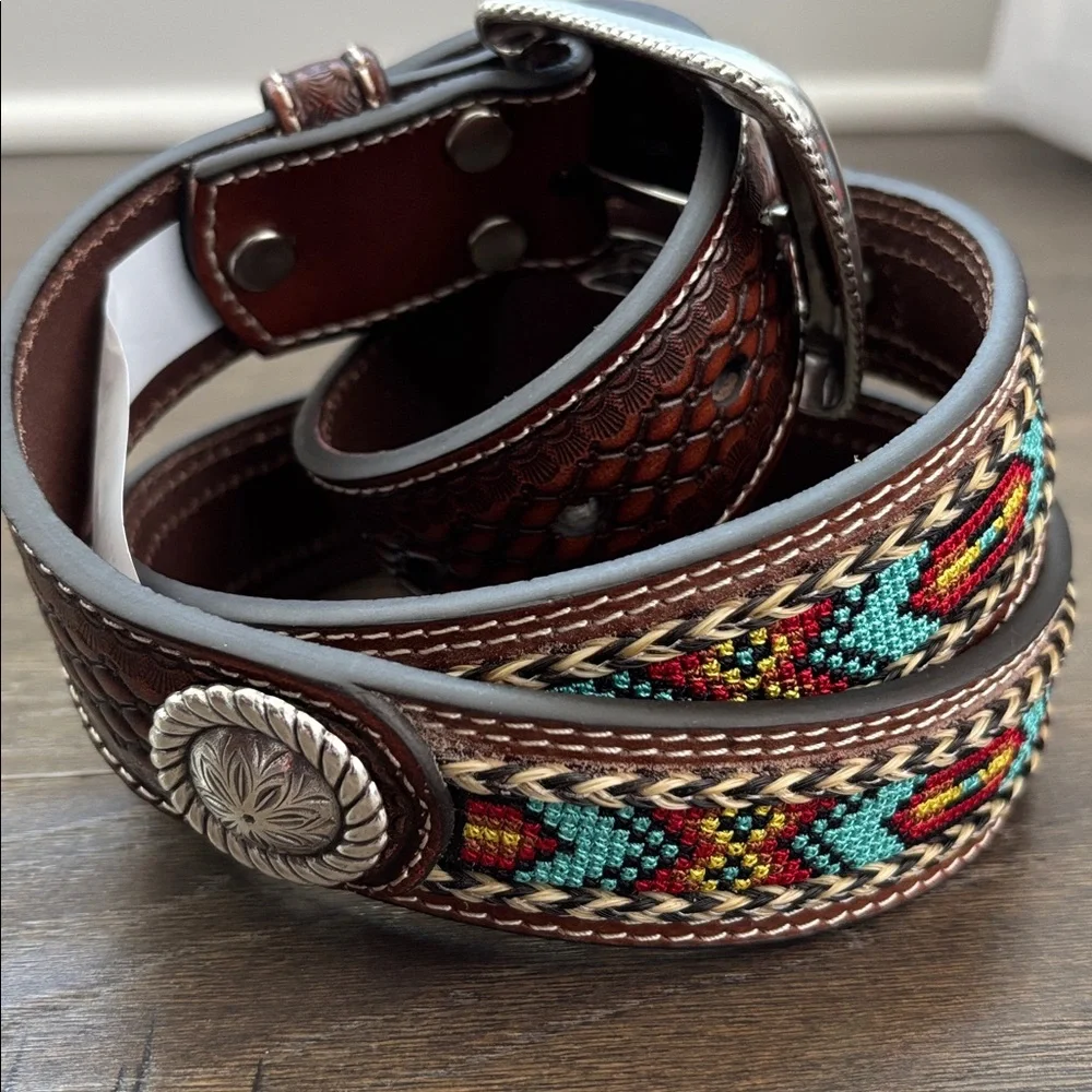Nocona Genuine Tooled Leather,Hair on hide, Concho,blue stones,silvertone buckle